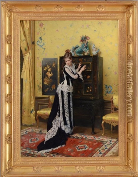 Elegant Lady Standing By A Chinese Cabinet Oil Painting - Gustave Leonhard de Jonghe