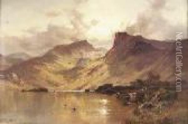 Highland Landscape At Sunrise Oil Painting - Alfred de Breanski