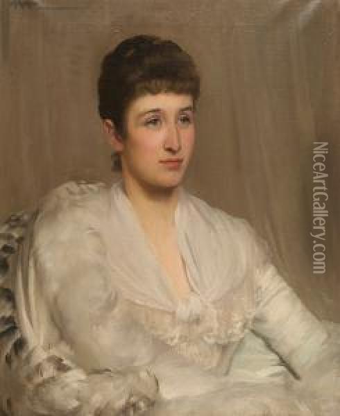 Portrait Of A Young Lady, Half 
Length, Her Dark Hair Pulled Back And Wearing A White Gauze Gown And 
Feather Boa Oil Painting - Saint George Hare