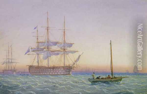 HM Frigates at Anchor Oil Painting - John and William Joy