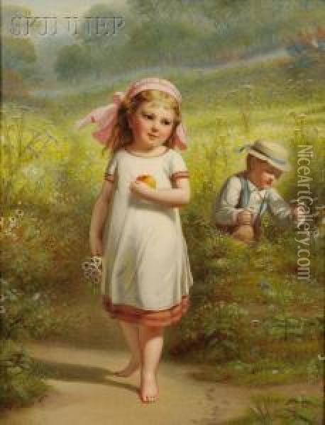 Playing Among The Daisies Oil Painting - Benjamin Franklin Reinhart