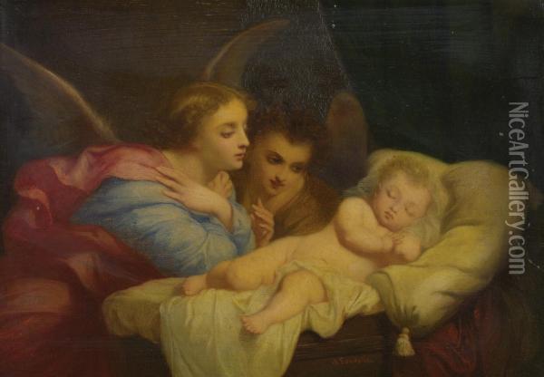 Angels Adoring The Christ Child Oil Painting - Charles Zacharie Landelle