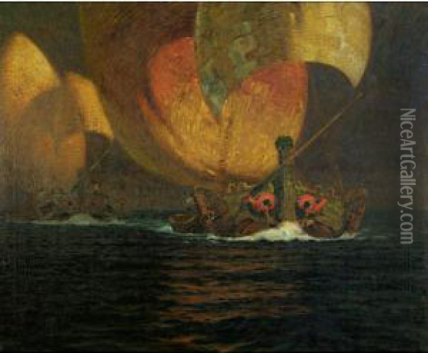 Barche Di Pescatori In Pieno Vento Oil Painting - Ugo Flumiani