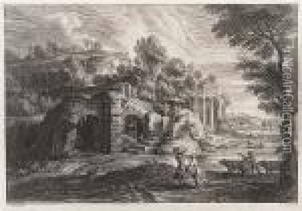 Landscape With Ruins, And Two Women Crossing A Stream Oil Painting - Peter Paul Rubens