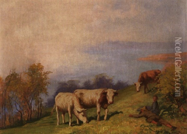 Weidende Kuhe Am Hang Uber Dem See Oil Painting - Edouard-Louis-Auguste Metton