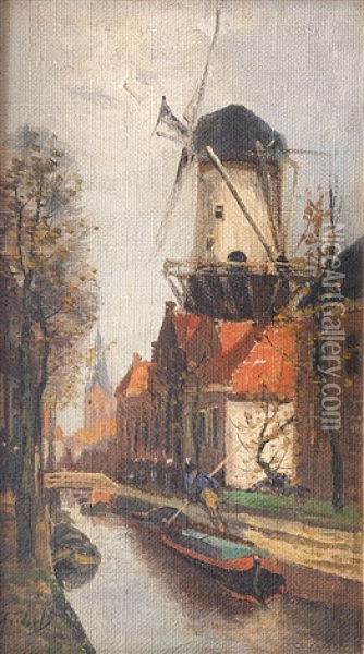 Grachtszene In Einer Hollandischen Stadt Oil Painting - Adriaan Christiaan Willem Terhell