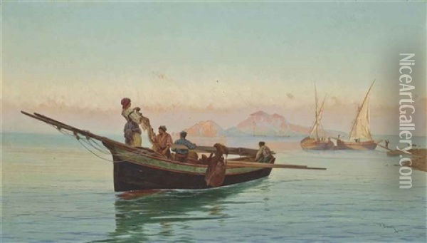 Fishing Vessels On The Coast, Naples Oil Painting - Pietro Barucci
