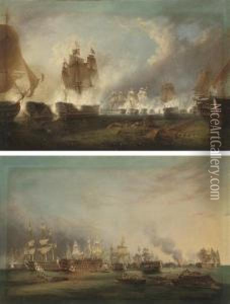 The British Fleet In Action At Trafalgar, With Nelson's Oil Painting - Robert Strickland Thomas
