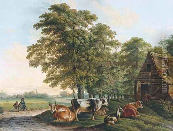 A landscape with cows in a farmyard and two travellers resting by the side of a road Oil Painting - Dutch School