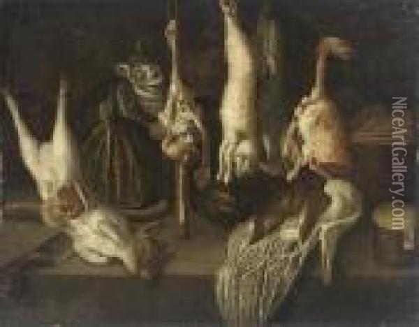 A Cat With A Dead Rabbit, Pig And Other Game On A Table With Aknife Oil Painting - Giuseppe Recco