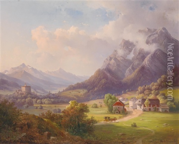 Blick Auf Den Grimming Und Schloss Trautenfels Bei Stainach-irdning Im Steirischen Ennstal Oil Painting - Edmund Mahlknecht
