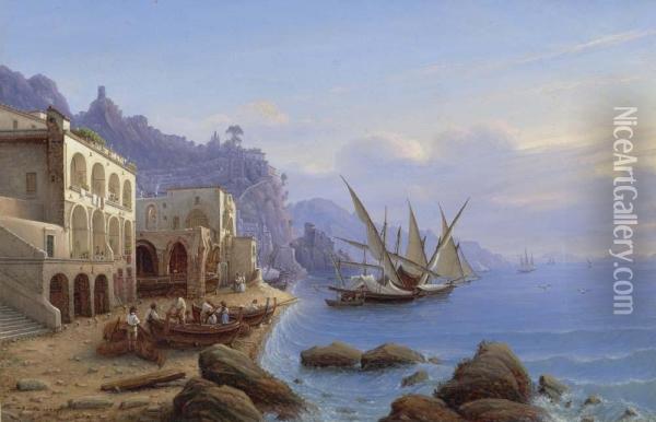 Amalfi Harbour. Oil Painting - Wilhelm Brucke