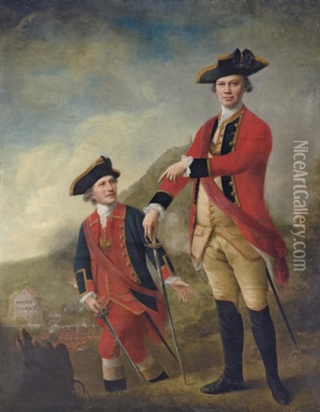 Double Portrait Of Lieutenant-general The Hon. Philip Sherard And Captain William Tiffin, At The Battle Of Brucke-muhle Oil Painting - Nathaniel Hone the Elder