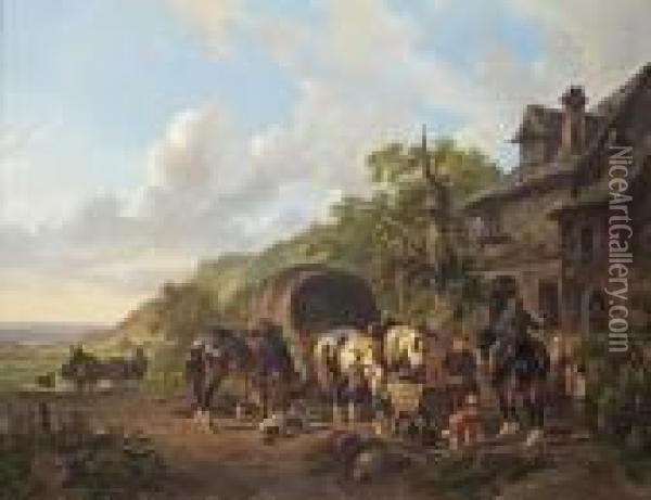 Travelers At The Tavern In A Sunlit Landscape Oil Painting - Wouterus Verschuur