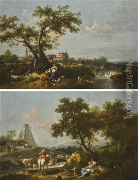 Landscape With A River, A Shepherd, Washerwomen And A Fisherman On The Bank, A Town Beyond Landscape With A Pyramid Beside A River And A Bridge, With A Drover, And A Lady On Horseback Passing A Family On The Bank Oil Painting - Francesco Zuccarelli