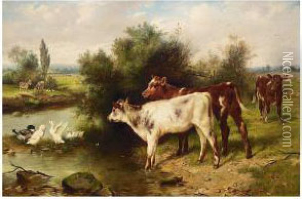 Calves Watering Oil Painting - Walter Hunt