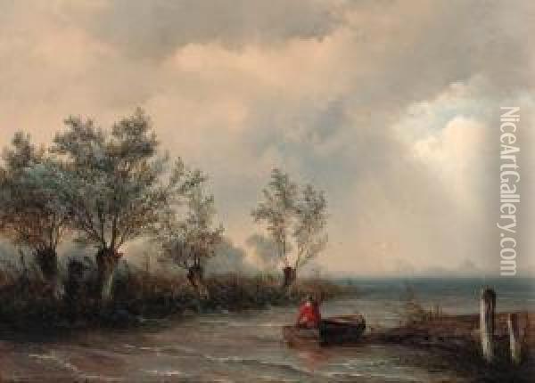 A Fisherman In A River Estuary With An Upcoming Storm Oil Painting - Johannes Franciscus Hoppenbrouwers