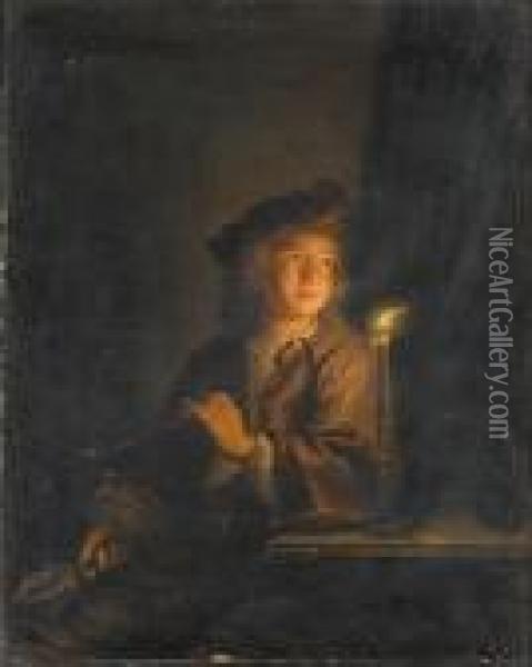A Youth Smoking A Pipe By Candlelight Oil Painting - Arnold Boonen