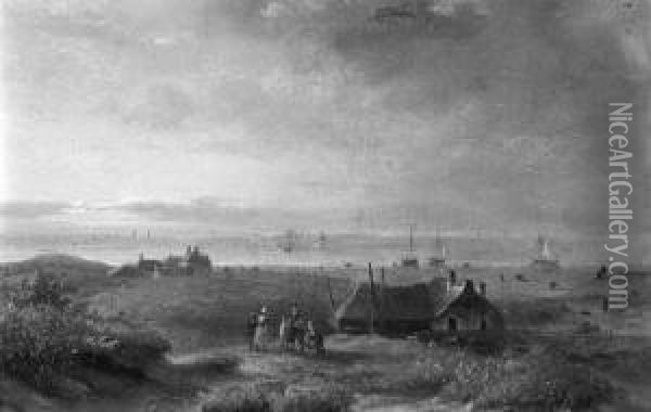 A Coastal View Of Scheveningen, With Figures Conversing On A Dunetop Oil Painting - Johannes Franciscus Hoppenbrouwers