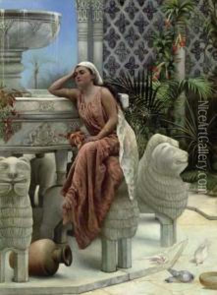 A Restful Moment By The Lion Fountain At The Alhambra, Spain Oil Painting - Margaret Murray Cookesley