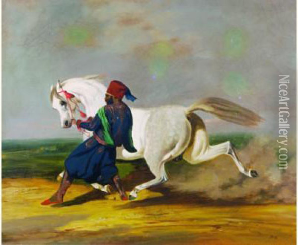Palefrenier Reterant Un Cheval De Course Oil Painting - Alfred De Dreux
