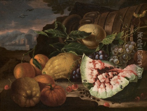 Nature Morte A La Pasteque Et Aux Fruits (+ Nature Morte A La Grenade Et Au Bouquet De Fleurs; Pair) Oil Painting - Agostino Verrocchi