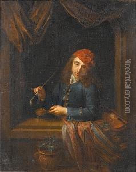 A Young Man In A Blue Coat With A Violin Leaning On A Window Ledge Holding A Pipe Oil Painting - Arnold Boonen