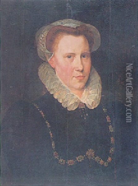 Portrait Of A Lady Wearing A Black Dress, A Ruff And Gold Chain Encrusted With Precious Stones Oil Painting - Adriaen Thomasz Key