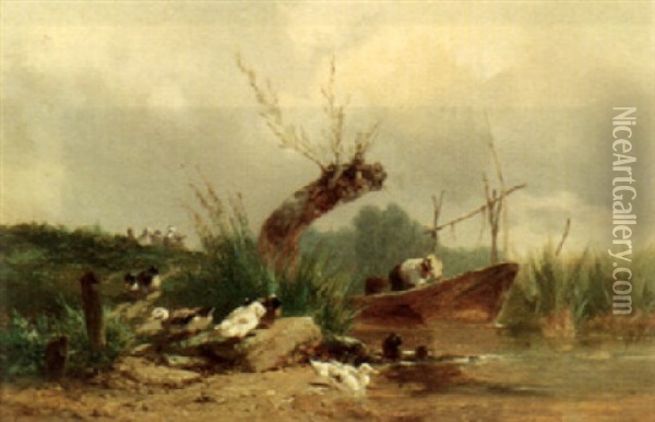 Ducks Wading By A Stream Oil Painting - Theophile Victor Emile Lemmens