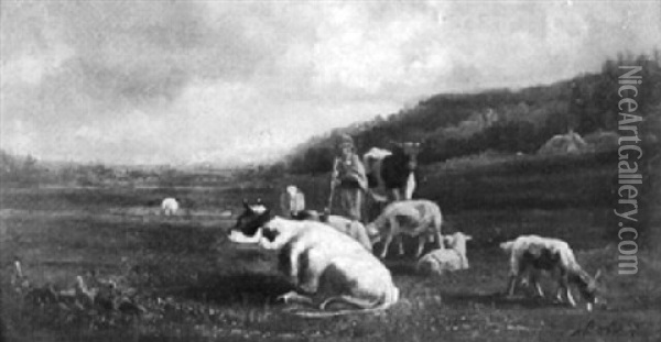 Hirtin Mit Kuhen Und Schafen In Hugeliger Graslandschaft Oil Painting - Antonio Cortes Cordero