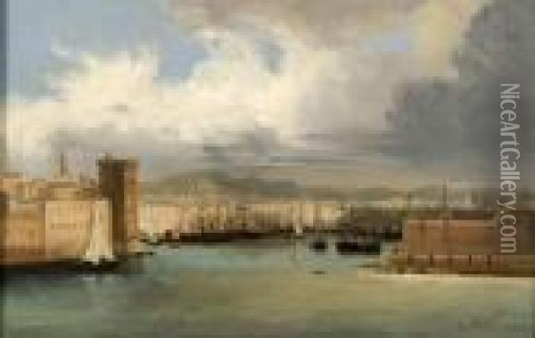 L'entree Du Port De Marseille. Vue Prise Des Jardins Du Pharo Oil Painting - Jacques-Edouard Dufeu