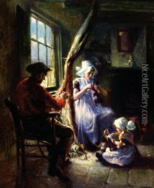 A Fisherman's Family By A Window Oil Painting - Max Silbert