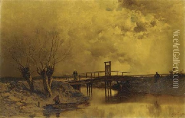 Figures By A Wooden Bridge In A River Landscape Oil Painting - Eugene Ciceri