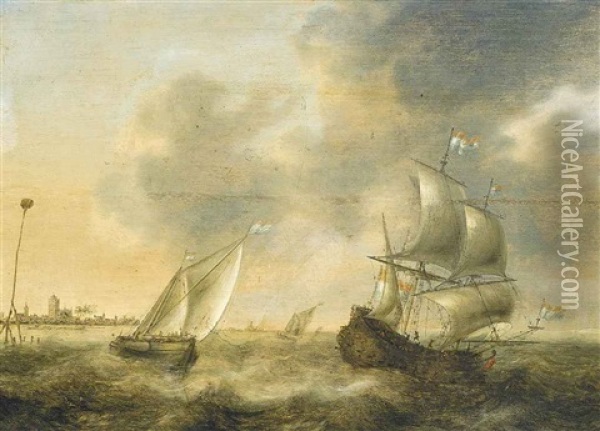 A Dutch Man-o'war And A Smalschip Off The Low Countries Oil Painting - Jacob Adriaenz. Bellevois