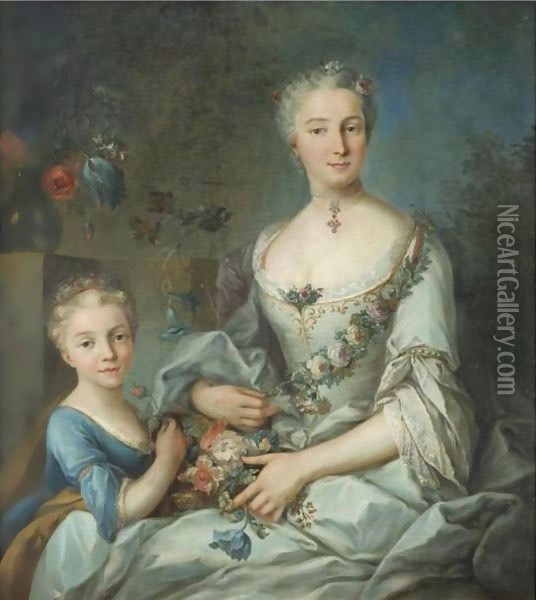 Portrait Of A Lady Seated With Her Daughter Oil Painting - Louis Tocque