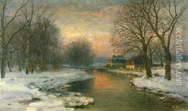 Winterlandschaft Mit Bauernhausern In Munchen Oil Painting - Anders Andersen-Lundby