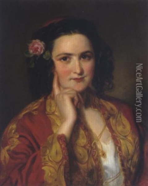 Portrait Einer Jungen Frau Mit Einer Rose Im Haar Oil Painting - Georg Decker