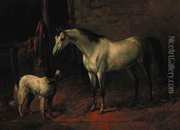 A grey hunter with a dog in a stable Oil Painting - Karl Frederik Bombled