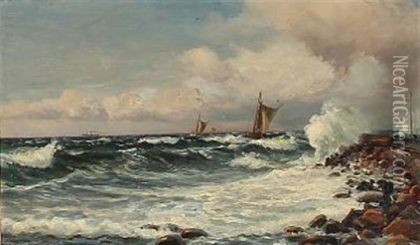 View From A Pier With Tall Waves Oil Painting - Holger Luebbers