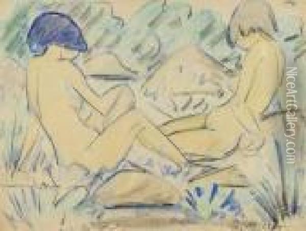 Zwei Madchenakte/ Zwei Sitzende Akte. Oil Painting - Otto Mueller