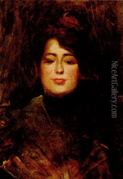 Lily Grenier With A Fan Oil Painting - Albert De Belleroche