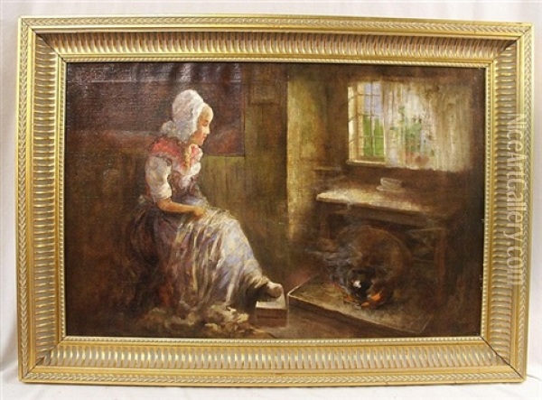 Dutch Woman In Interior Oil Painting - Charles John Arter