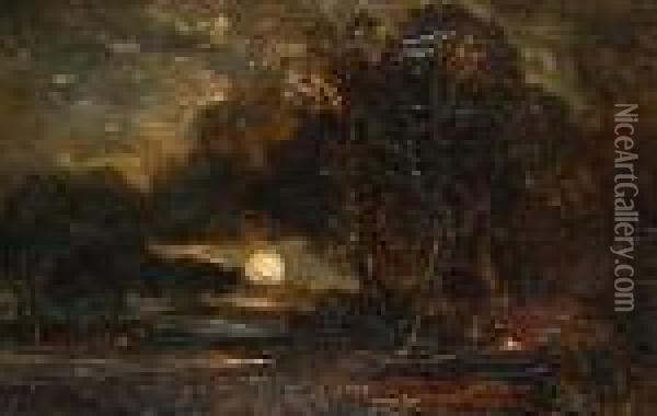 Figures By A Campfire In A Moonlit Wooded Landscape Oil Painting - William James Muller
