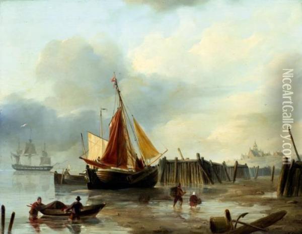 Vissers En Boten In Getijdenhaven, Op De Achtergrond Een Dorp In Het Duin Oil Painting - Petrus Paulus Schiedges