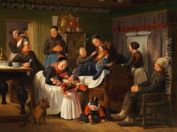 The Little Cousins Are Visiting The Newborn Oil Painting - Johann Julius Exner