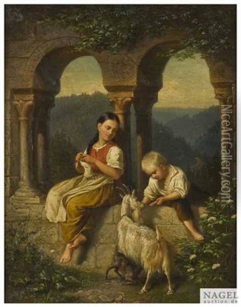 Hirtenidyll Mit Zwei Kindern Und Ziegen An Einer Ruine Oil Painting - Wilhelm Emil Robert Heck