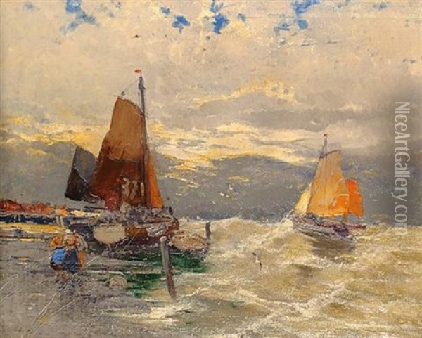 Unloading The Boats Oil Painting - Gustav Schoenleber