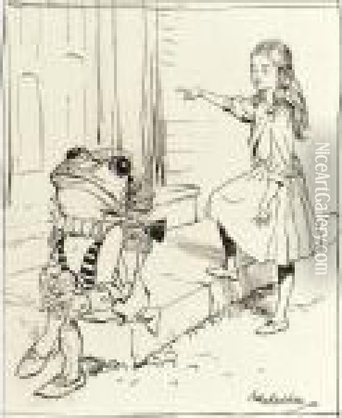 Alice And The Frog Footman Oil Painting - Arthur Rackham