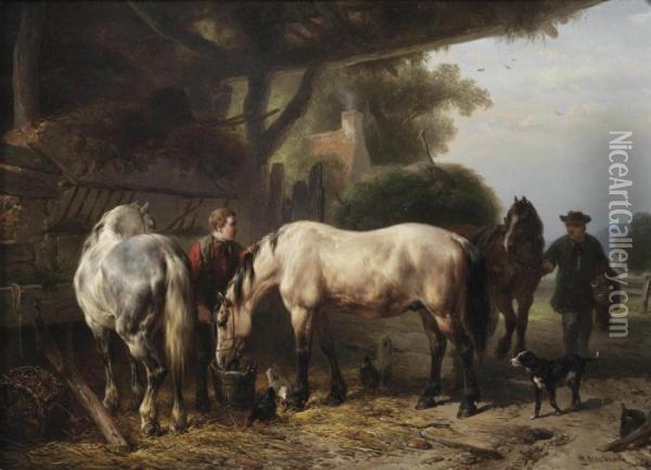 A Groom Tending To The Horses Oil Painting - Wouterus Verschuur