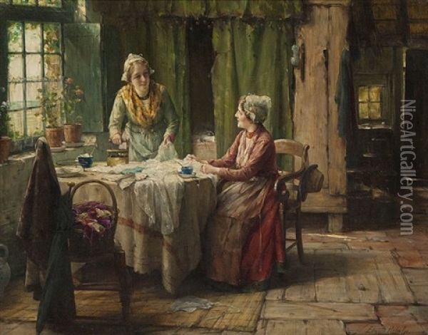 Zeeuws Interieur Met Twee Jonge Vrouwen Aan De Strijk Oil Painting - Edward Antoon Portielje